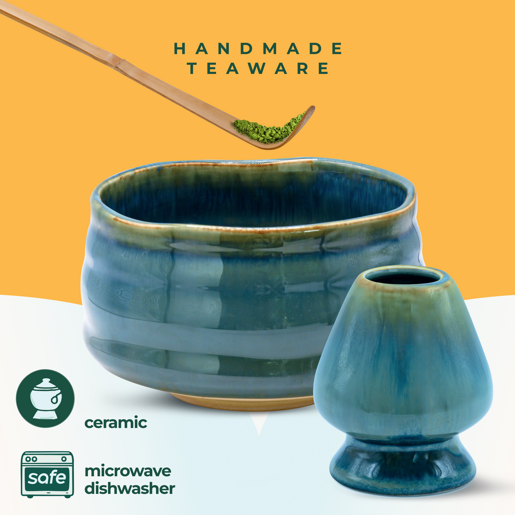 The Ceremonial Matcha Starter Kit - Blue includes two blue-green ceramic teaware pieces with "Handmade Teaware, ceramic, microwave and dishwasher safe." Ideal for Japanese tea ceremonies or starting your own matcha ritual.