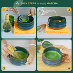 Four-step guide to preparing and enjoying matcha green tea with the Ceremonial Matcha Starter Kit - Blue, featuring essential accessories and instructions inspired by Japanese tea ceremonies.