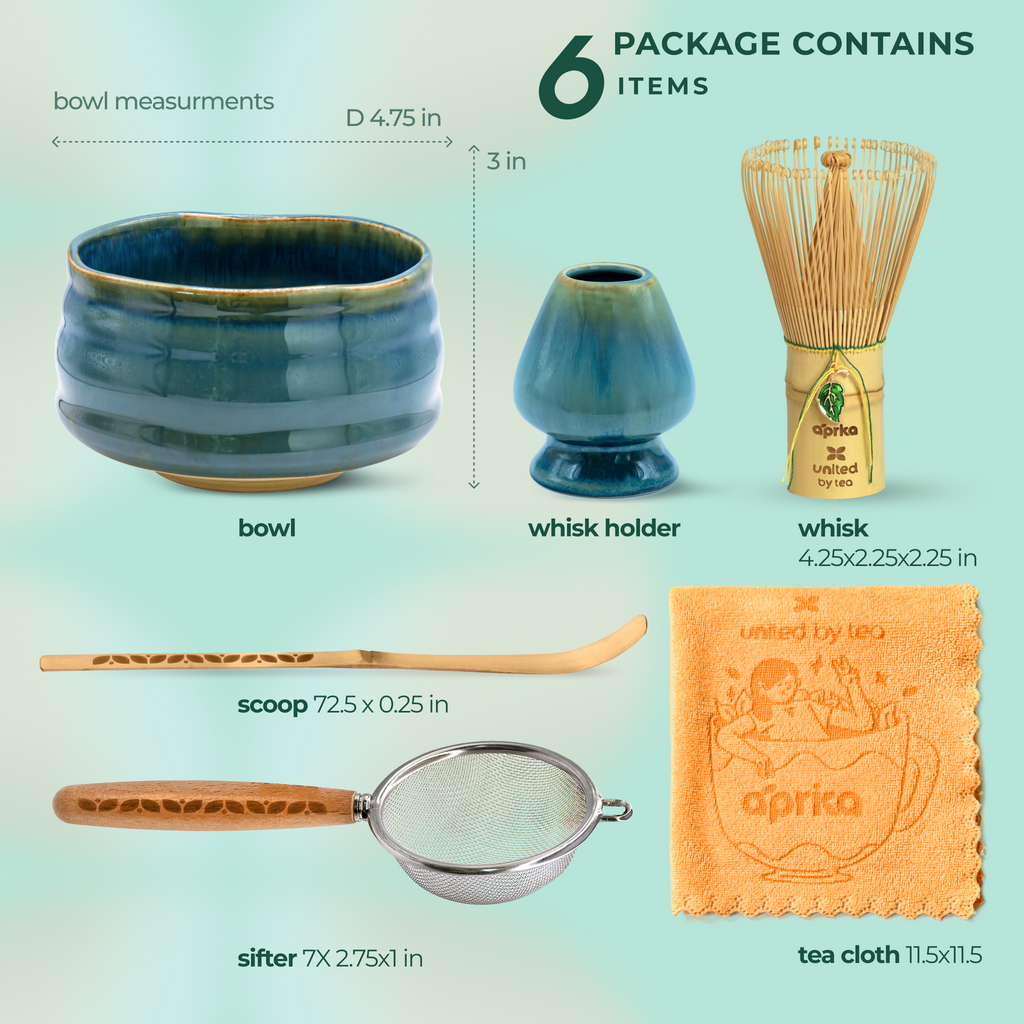 The Ceremonial Matcha Starter Kit - Blue includes six accessories (bowl, whisk holder, whisk, scoop, sifter, tea cloth), each labeled with its size—ideal for those inspired by Japanese tea ceremonies.