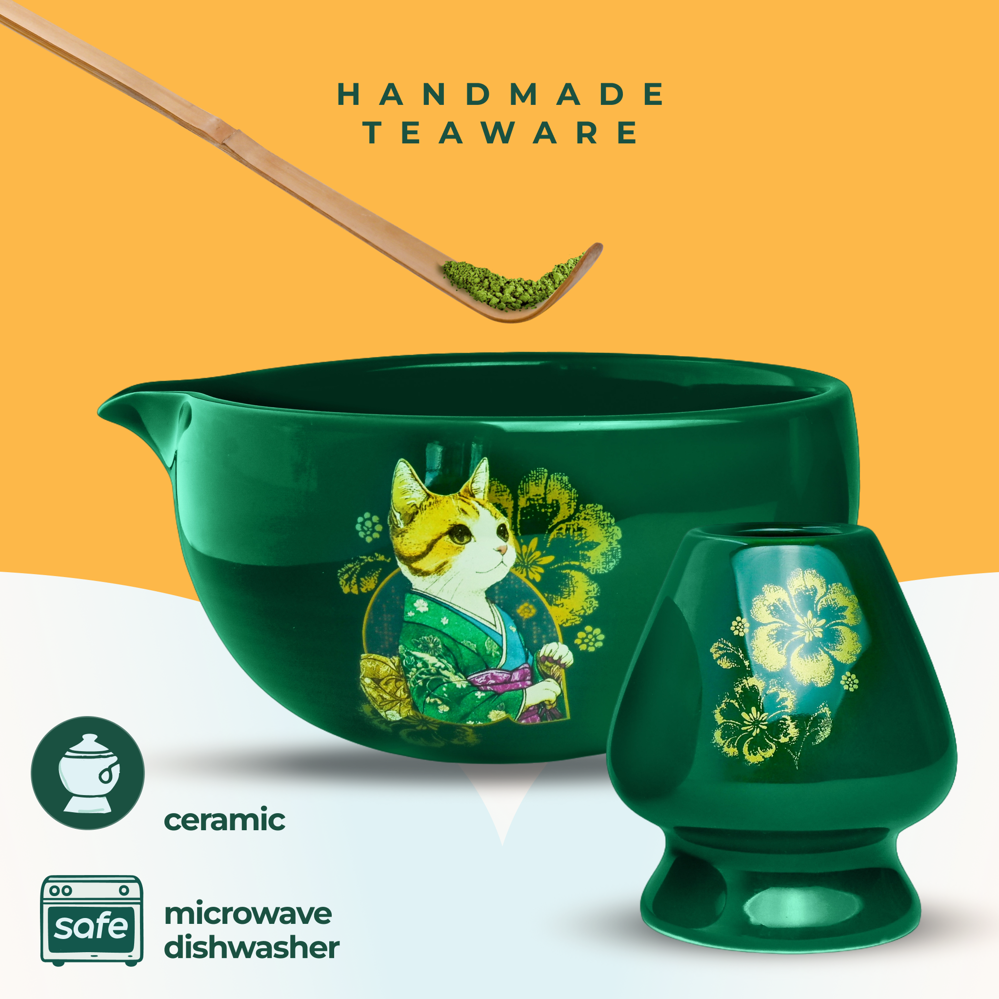 The Green Unfurl Matcha Gift Set features a cat-themed ceramic bowl and scoop, ideal for matcha lovers. Dishwasher and microwave safe, it’s a thoughtful gift set for elevating your tea ritual.