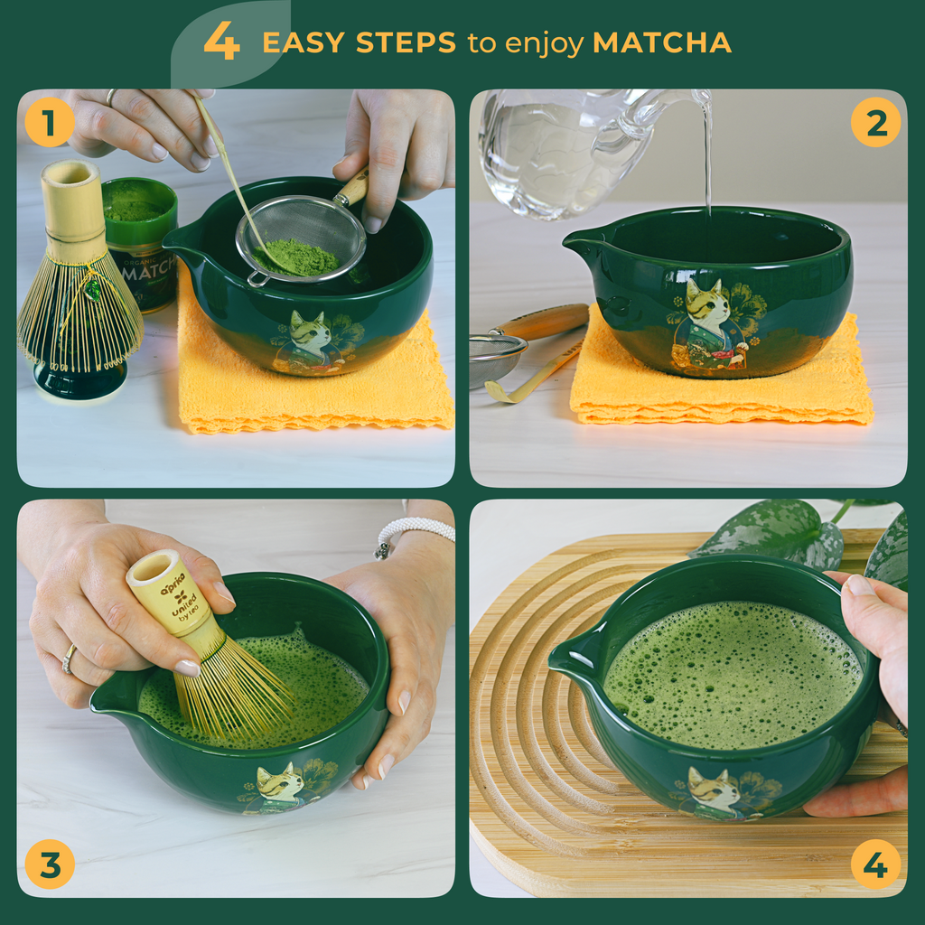 Experience the Green Unfurl Matcha Gift Set: follow four steps—sift, add water, whisk, and enjoy a frothy matcha in a green bowl. Perfect for any matcha tea ritual.