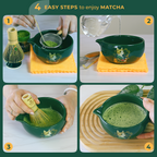 Experience the Green Unfurl Matcha Gift Set: follow four steps—sift, add water, whisk, and enjoy a frothy matcha in a green bowl. Perfect for any matcha tea ritual.