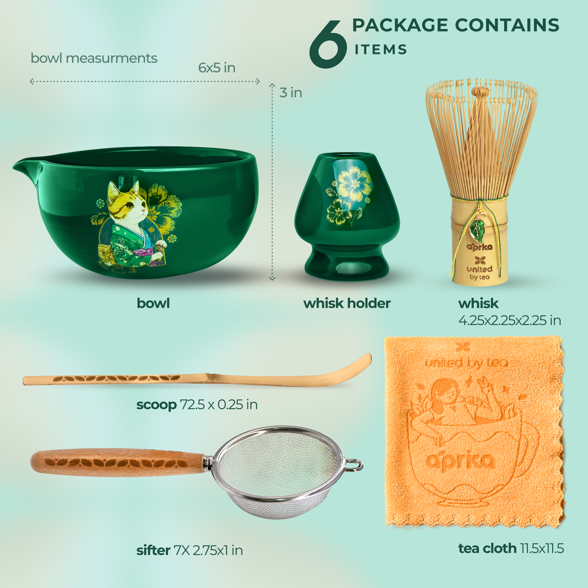 The Green Unfurl Matcha Gift Set features a bowl, whisk, holder, scoop, sifter, and tea cloth—all labeled with measurements for the perfect matcha tea ritual.