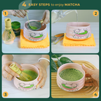 Four-step guide to making matcha with the Pink Unfurl Matcha Gift Set: sift, pour hot water, whisk, and enjoy. Ideal for your morning ritual or as part of a Matcha Ceremony Kit.