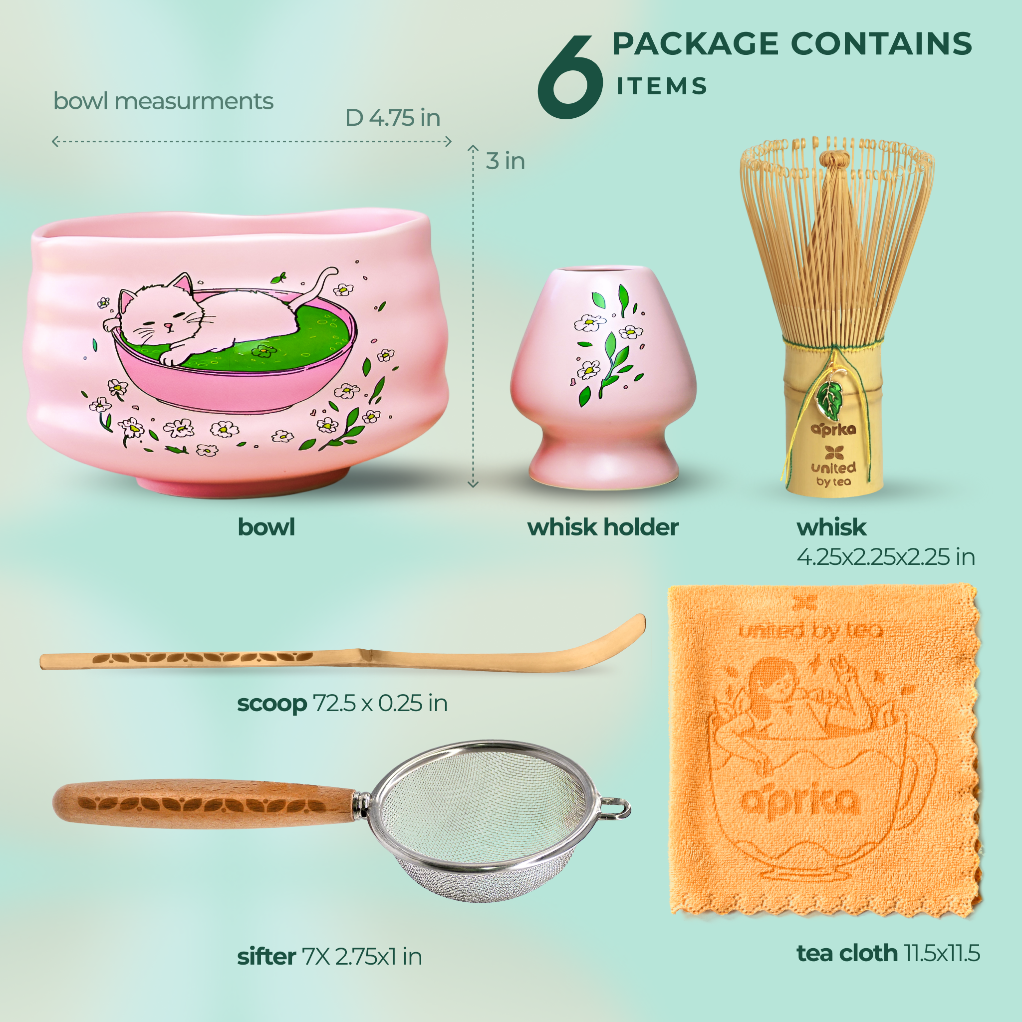 Discover the Pink Unfurl Matcha Gift Set: a six-piece matcha kit with a pink cat print bowl, whisk holder, bamboo whisk, scoop, sifter, and orange tea cloth—ideal for an authentic matcha experience.