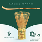 The Ceremonial Matcha Starter Kit - Blue includes a bamboo whisk and spoon with eco-friendly logos and "natural teaware" text—essential accessories for Japanese tea ceremonies.