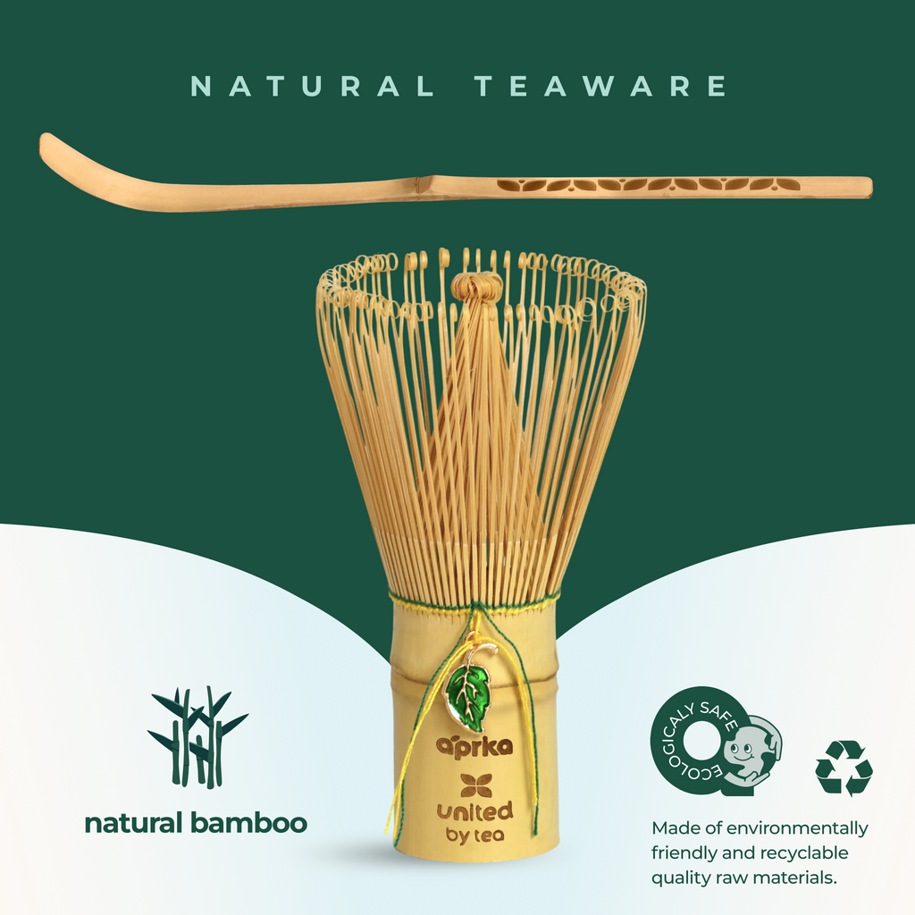 The White Unfurl Matcha Gift Set features a bamboo matcha whisk and scoop, highlighted with eco-friendly icons and "Natural Teaware" text on a green background.