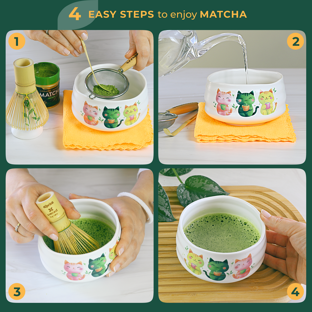 Four-step guide to making matcha in the White Unfurl Matcha Gift Set’s kawaii cat bowl, adorned with colorful lucky cat illustrations—perfect for your ceremonial matcha experience.