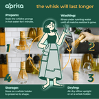 A cartoon woman illustrates sustainable methods for preparing, washing, drying, and storing the Bamboo Matcha Whisk (100 Prongs).