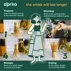 Illustration showing care steps for the Dark Matcha Bamboo Whisk (100 Prongs): soak, rinse, air dry, and store on a whisk holder. Ideal for ceremonial Matcha tea preparation or as a unique gift idea.