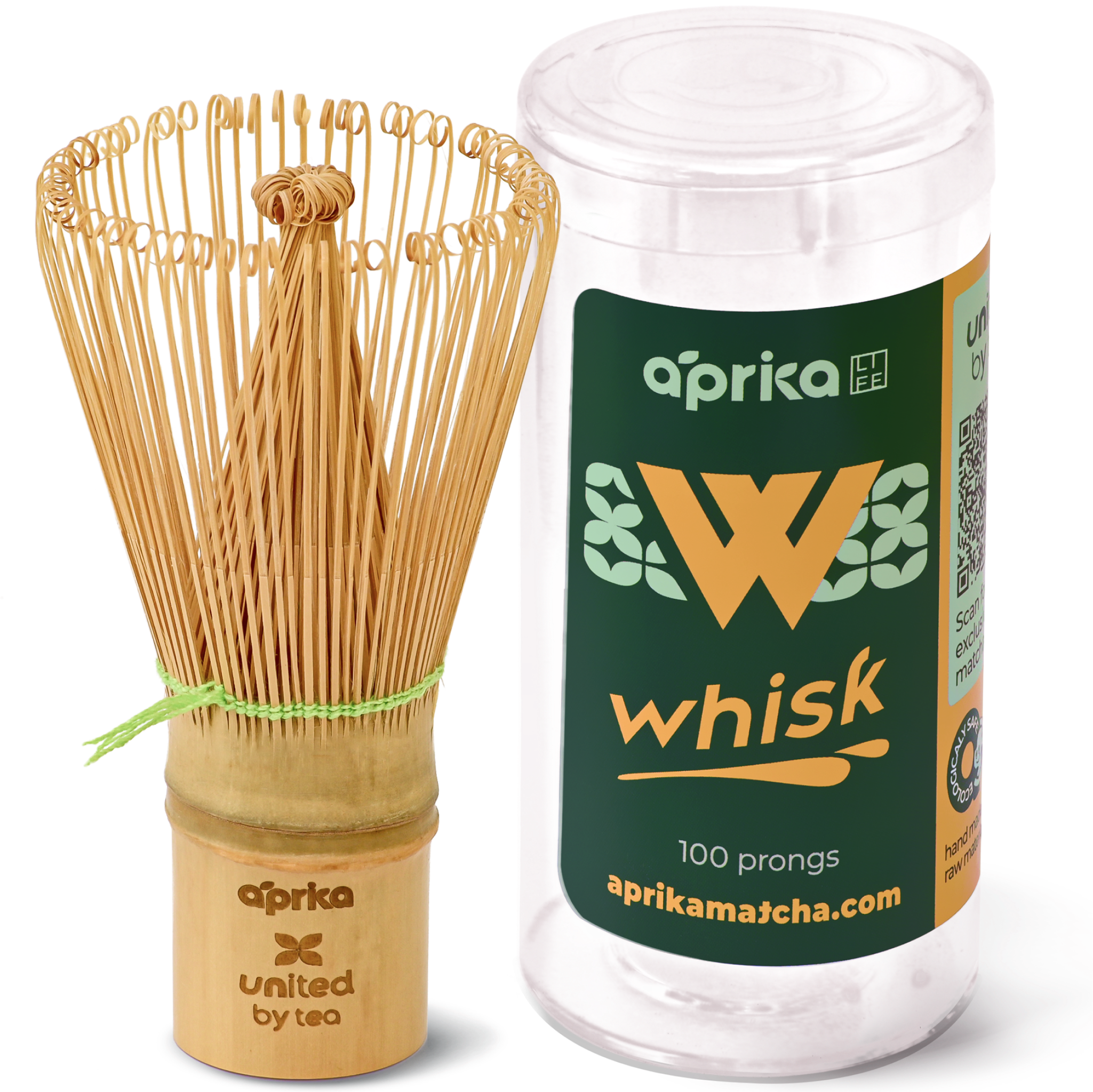 The eco-friendly Bamboo Matcha Whisk (100 Prongs) elegantly rests beside its sleek cylindrical packaging.